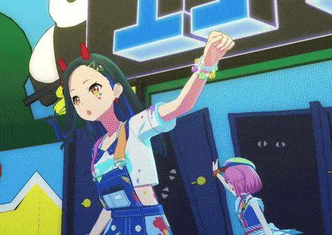a cartoon girl stands in front of a sign that says lt