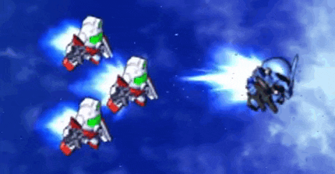 a group of robots are flying in the sky and one is shooting a beam of light
