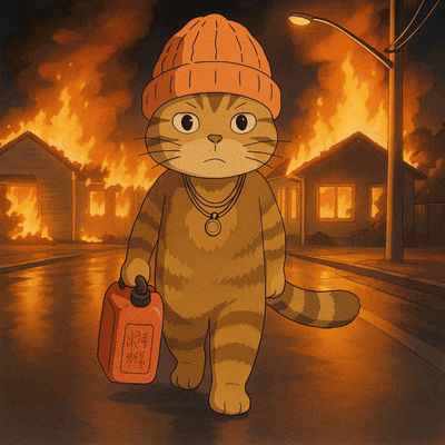 a cartoon cat is walking down a street holding a gas can that says ' shelter ' on it
