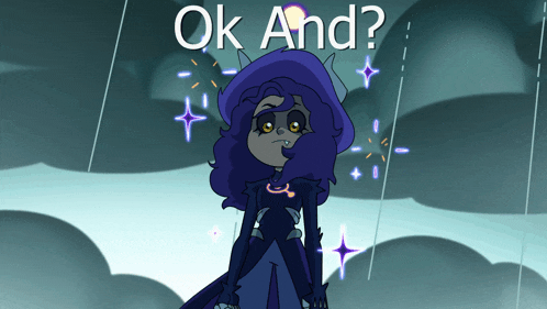 a cartoon character is standing in the rain and the words ok and are above her