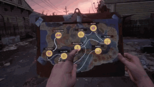 a person is holding a map with a sunset in the background and a few yellow circles on it