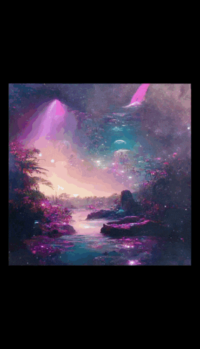 a painting of a river surrounded by trees and purple flowers