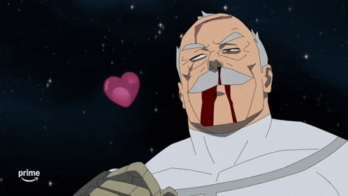 a man with a bloody nose is holding a heart in his hand and the word prime is on the bottom