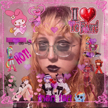a girl with glasses is surrounded by cartoon characters and says i heart art