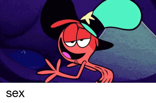 a cartoon character wearing a hat with the word sex below it