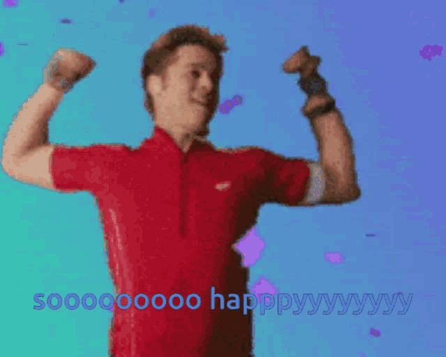 a man in a red shirt is flexing his muscles and says " soooooo happy "