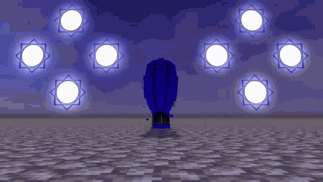 a blue object is surrounded by glowing squares