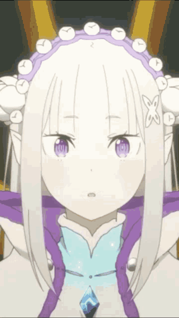 a girl with white hair and purple eyes is wearing a headband with clocks