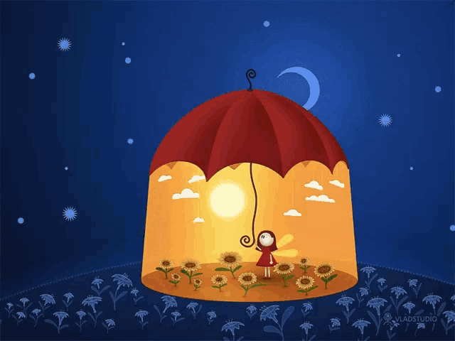 an illustration of a fairy holding an umbrella with the word vladstudio on the bottom left