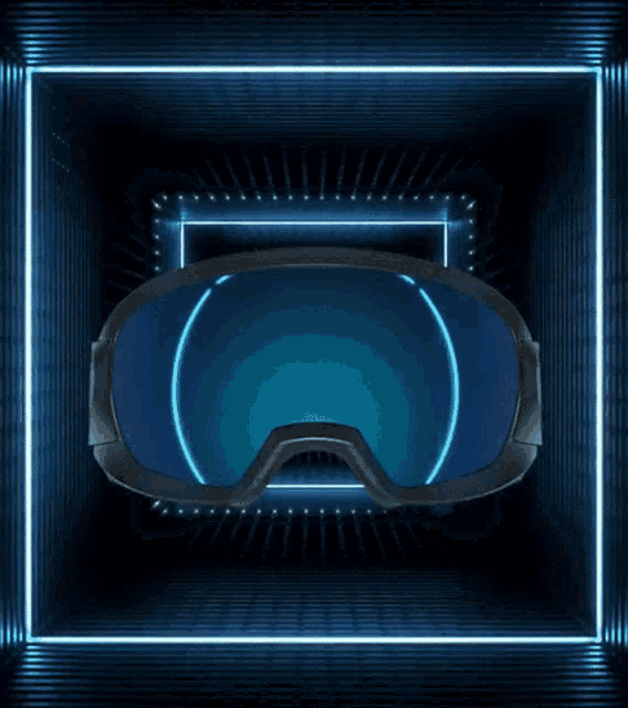a pair of virtual reality goggles in a dark room with blue lights