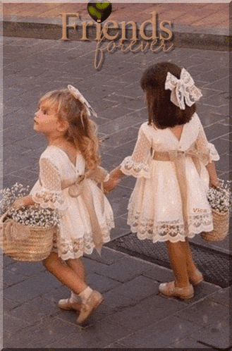 two little girls in white dresses are holding hands and the words friends forever are above them