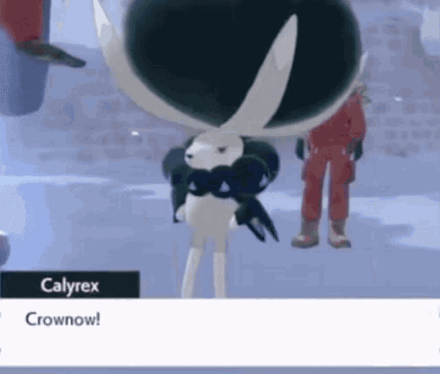 a video game character named calyrex is talking to another character named crownow