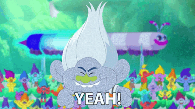 a troll is standing in front of a crowd of trolls and saying yeah .