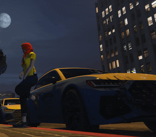 a woman in a yellow shirt stands next to a blue and yellow sports car
