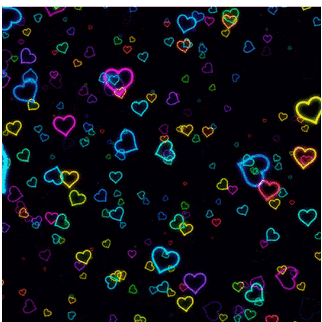 colorful neon hearts on a black background with a blue circle in the middle