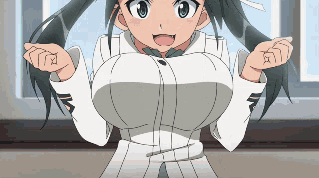 a girl with a huge breast is wearing a white shirt with the letter m on the sleeve