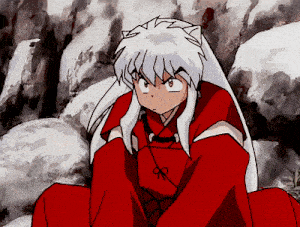 a cartoon character with white hair and a red outfit is sitting on a rock