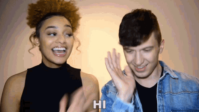 a man and a woman are waving at each other and the man says hi to the woman