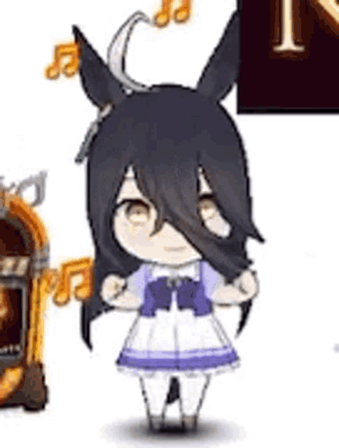 a cartoon girl with long black hair is standing next to a jukebox and a clock .