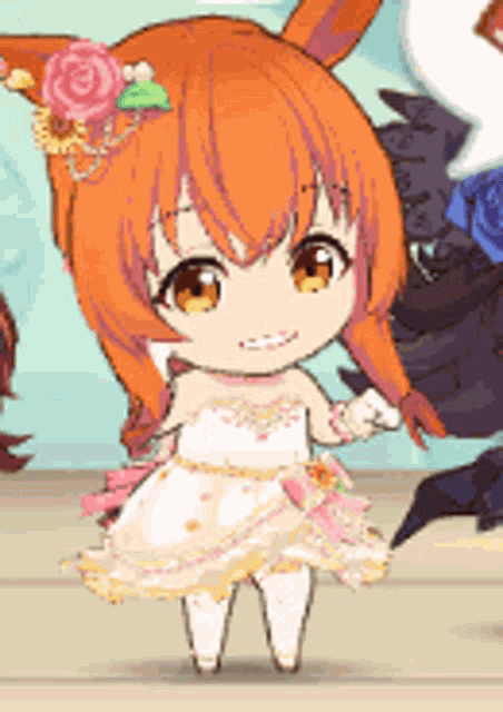 a cartoon of a girl with orange hair and a white dress
