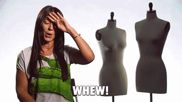 a woman stands in front of three mannequins with the word whew on the bottom