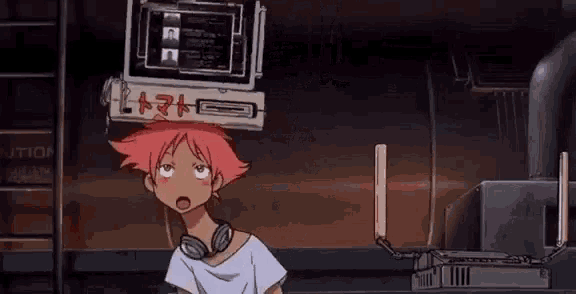 a girl with red hair and headphones is standing in front of a sign that says `` cowboy bebop '' .