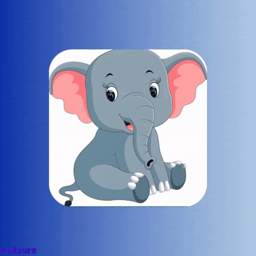 a cartoon elephant with pink ears sits on a blue and white background