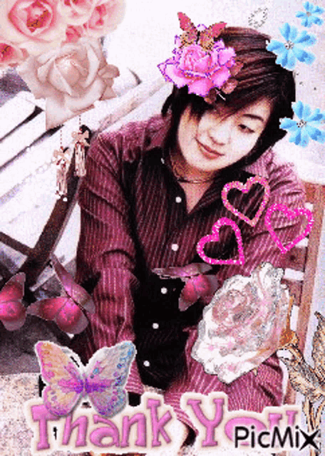 a picture of a woman surrounded by butterflies and flowers with the words thank you picmix