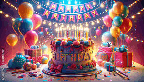 a birthday cake with candles on it is surrounded by balloons , gifts and confetti .