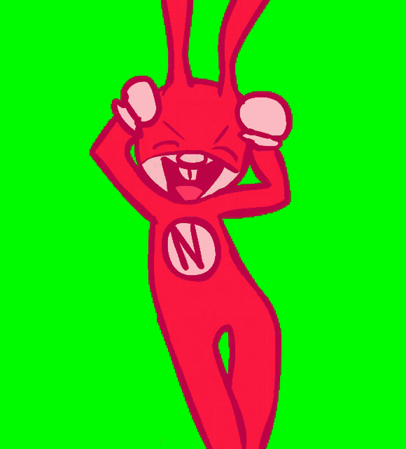 a cartoon of a red rabbit with the letter n on his chest