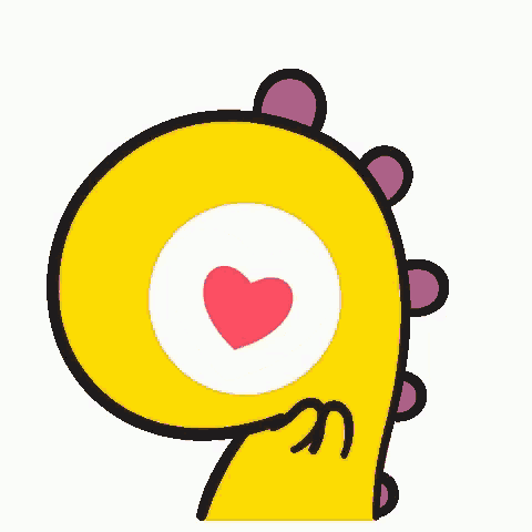 a cartoon of a yellow dinosaur with a heart in its eye surrounded by red hearts .