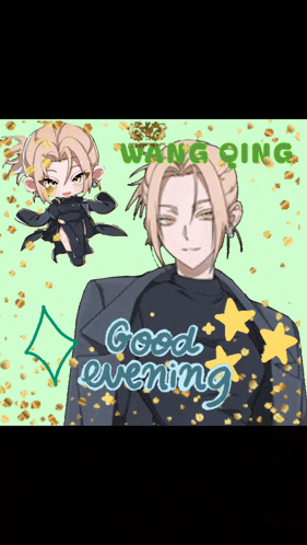 a drawing of a man with the words good evening on his shirt