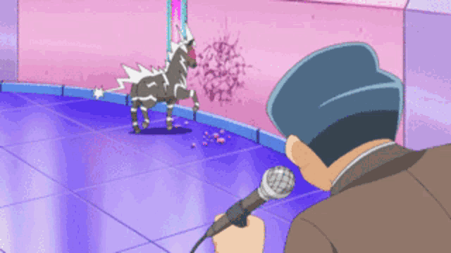 a man is holding a microphone in front of a cartoon horse