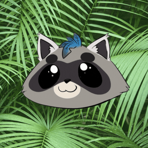a cartoon raccoon with a blue feather on its head