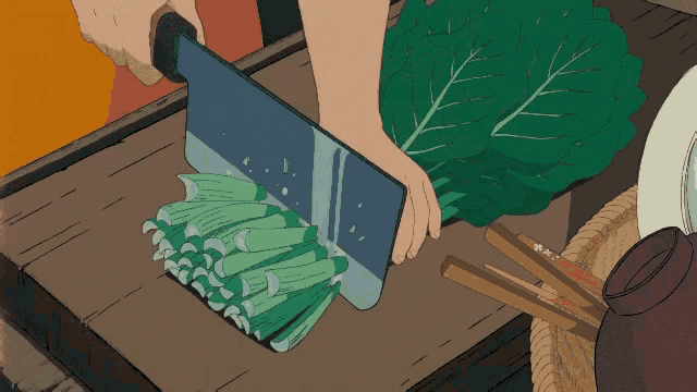 a cartoon drawing of a person cutting vegetables with chopsticks