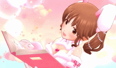 a cartoon girl is reading a book with a pink background