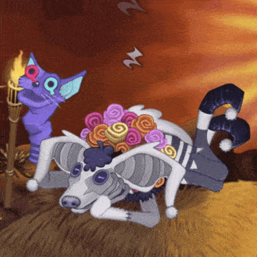 a cartoon drawing of a cat holding a torch next to a dog with flowers on its head