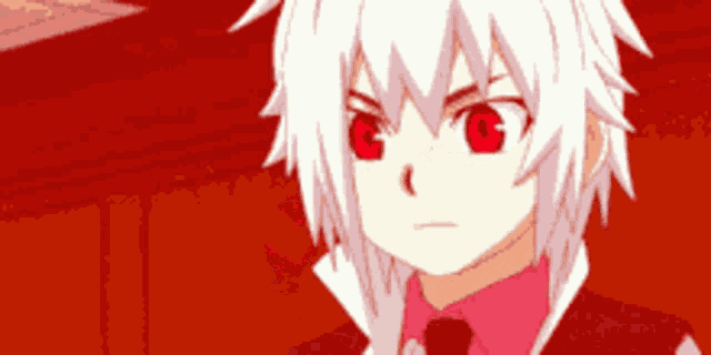 a boy with white hair is holding his hand to his forehead in a red background .