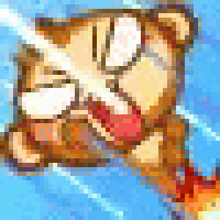 a cartoon cat is flying through the air with its tongue out .