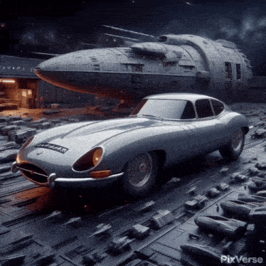 a car with a license plate that says jaguar is parked in front of a space ship
