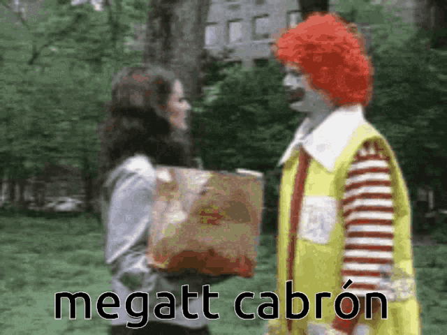 a mcdonald 's clown talking to a woman holding a bag that says megatt cabron