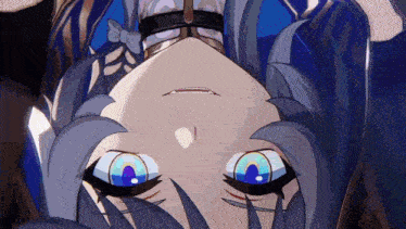 a close up of a cartoon character 's face with blue eyes and gray hair .