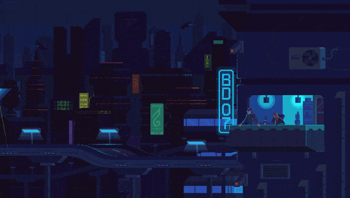 a pixel art illustration of a futuristic city with a sign that says boo