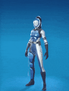 a person in a blue and white suit with a helmet that has the number 10 on it