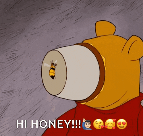a cartoon of winnie the pooh with a bee sticking out of his cup