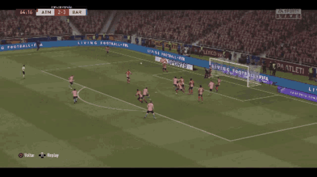 a soccer game is being played between atm and bar and the score is 2-3