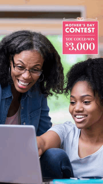 a mother and daughter looking at a laptop with a mother 's day contest advertisement behind them