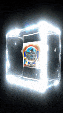 a glowing block of ice with a picture of a globe and the words ' tbc ' on it