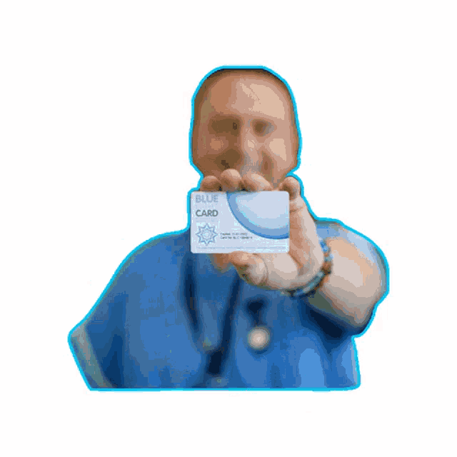 a man holding up a blue card that says blue card