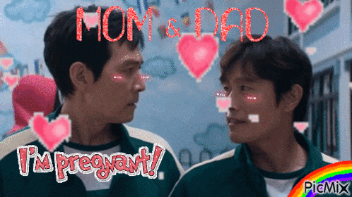 two men are looking at each other with the words mom & dad i 'm pregnant written above them